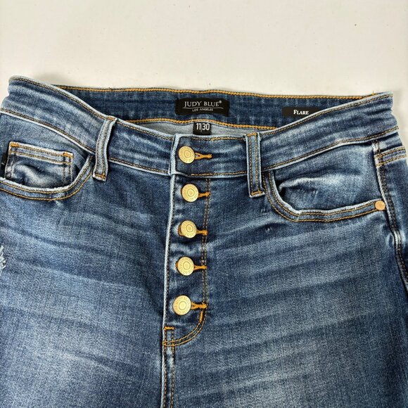 Judy Blue Flare Jeans Button Fly Size 11 30 Blue Denim Frayed High Rise Hippie - Picture 5 of 11